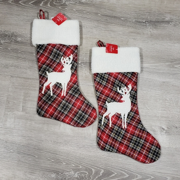 Christmas Tartan Plaid Reindeer Stockings - Picture 1 of 3